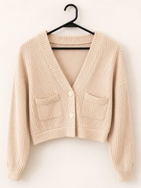 Women's Cropped V-Neck Cardigan Sweater in Beige